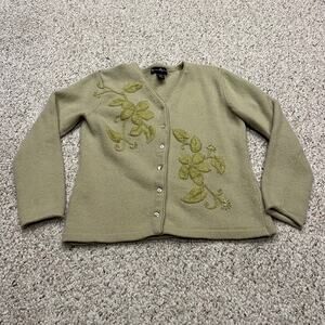 Mercer & Madison Embroidered Lambswool Cardigan Sweaters Sz M Green Cottage